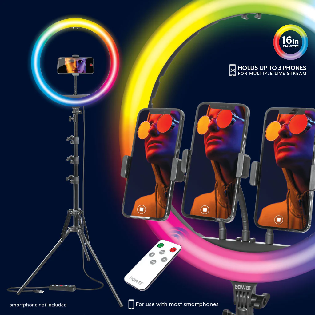 Bower 16" RGB Selfie Ring Light Studio Kit with Wireless Remote Control and Tripod - Image 2