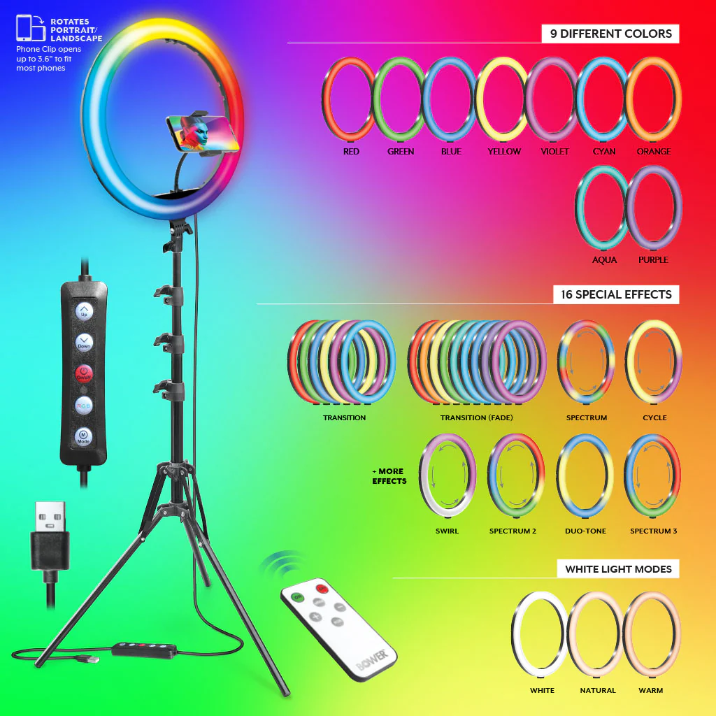 Bower 16" RGB Selfie Ring Light Studio Kit with Wireless Remote Control and Tripod - Image 5