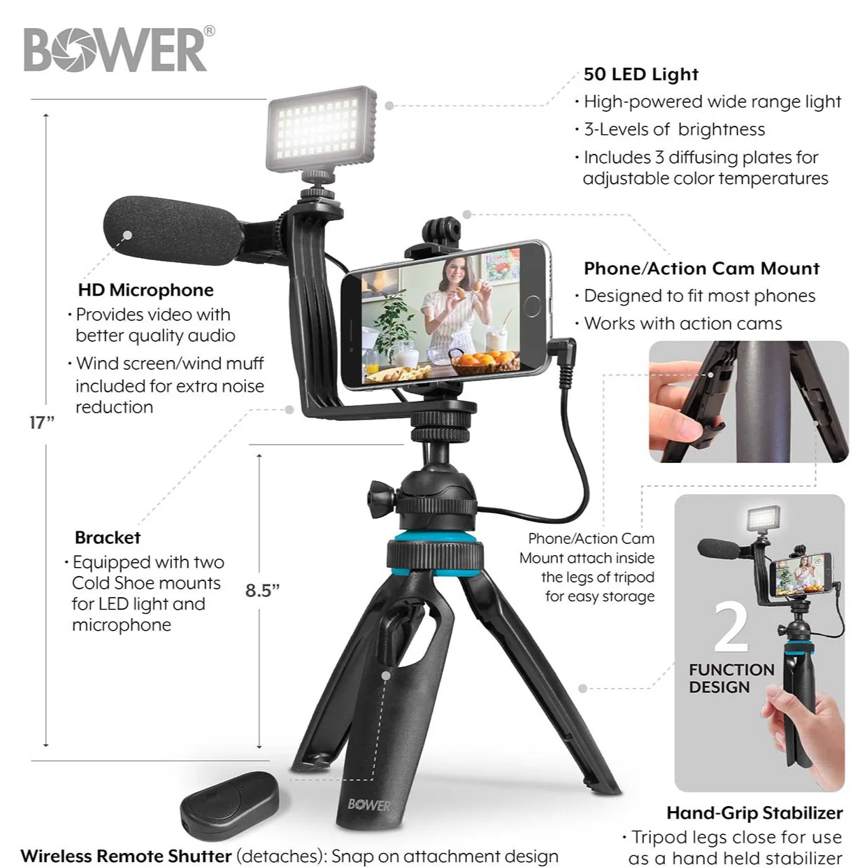 Bower Smart Photo Vlogger Kit w/ LED, Mic & Remote - Image 3